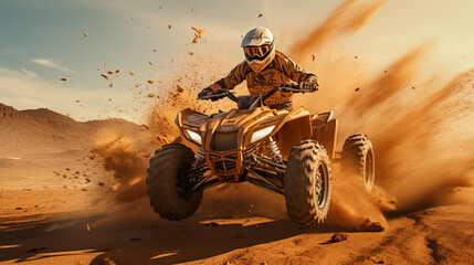 ATV rider ridding and making a turn in the sand. dust cloud, sand quarry on background