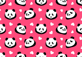 Cute panda bear on a bright pink background with white hearts. Animal seamless pattern, print. Vector illustration