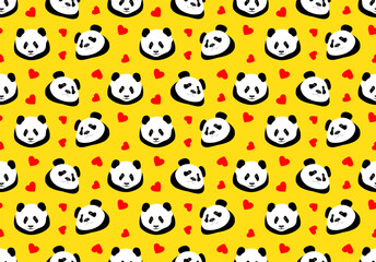 Cute panda bear on a bright yellow background with red hearts. Animal seamless pattern, print. Vector illustration
