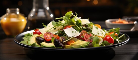 The green salad with various vegetables topped with cheese and served on a black plate looked appetizing as it sat on the table in the restaurant, a healthy option for breakfast or dinner. - Powered by Adobe