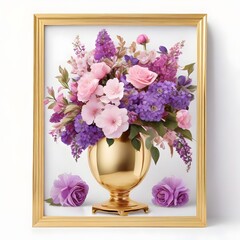  A beautiful floral arrangement with pink and purple flowers, placed on a white background. The flowers are arranged in a vase with a gold frame