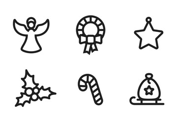 christmas holiday line icon set. angel, star, holly berry, bag with gifts, christmas wreath and candy