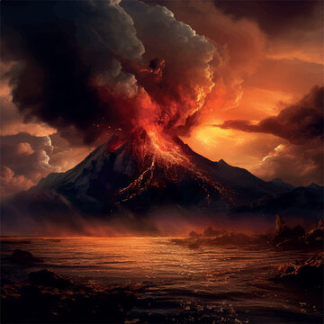 valcano with orange storm sky background illustration