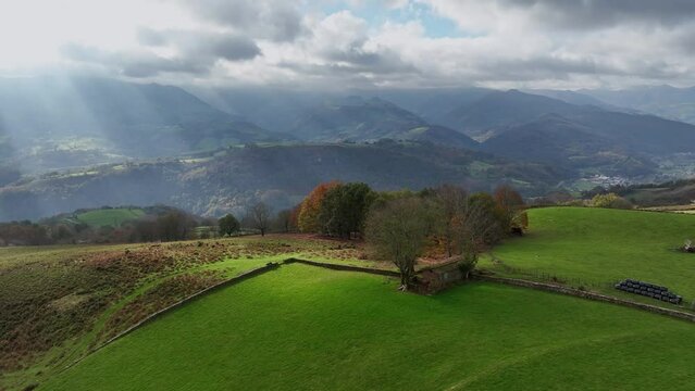 Clouds and twilight rays. Baztan Valley on an autumn morning. Navarre