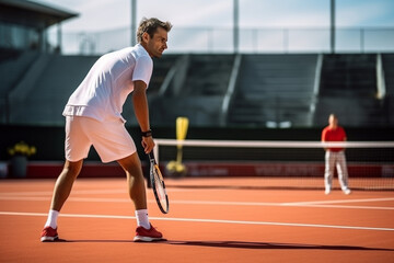 Focused young male tennis player playing a match on hard court. copy space