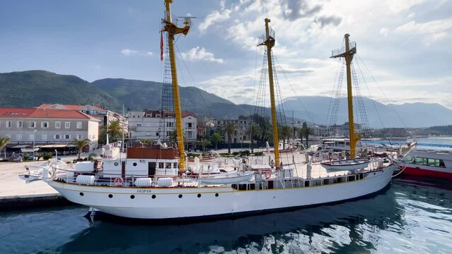 Bay of Kotor, Montenegro. The old national flagged naval vessel Jadran. Shooting at close range