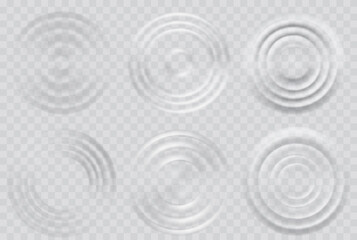 Water ripple effect top view set. Realistic caustic drop or sound wave splash effects, concentric circles in puddle.  set round wave surfaces on transparent background