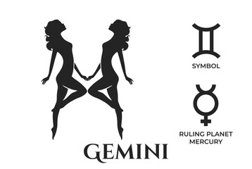gemini zodiac sign. mercury ruling planet symbol. horoscope and astrology icons - obrazy, fototapety, plakaty