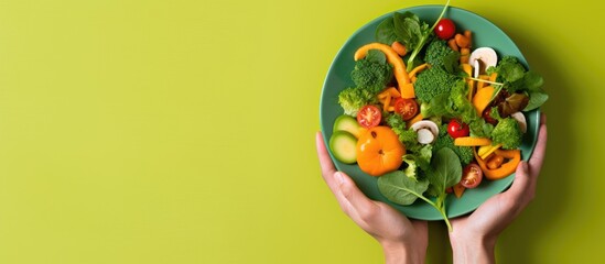 The health-conscious customer walked into the green-themed restaurant, ordering a colorful salad with organic ingredients including apples, oranges, and pineapples, promoting a healthy diet on a - obrazy, fototapety, plakaty