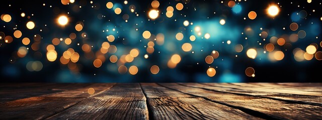 Festive Night Sky with Sparkling Wooden Table