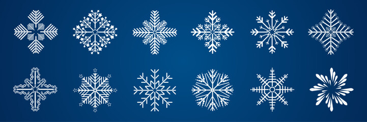Fototapeta na wymiar Set of Snowflake symbol, icon, logo for design Christmas vector, Snowflake group on isolated blue background, illustration element collection