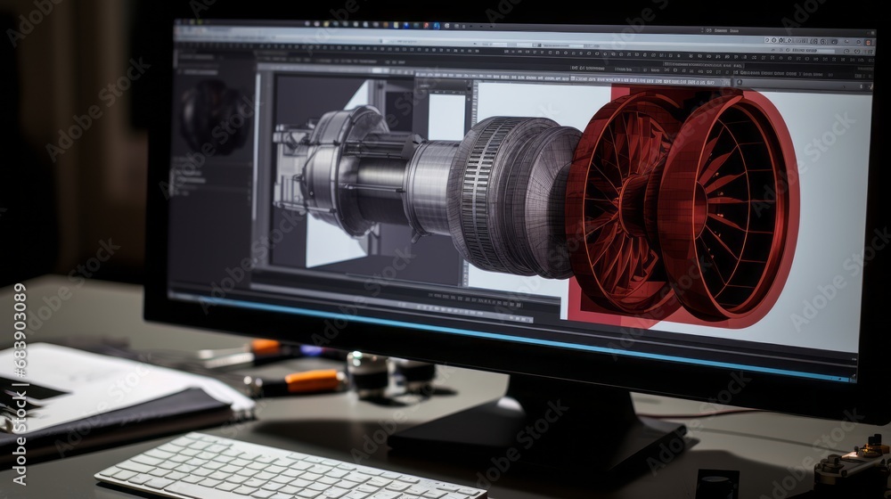 Poster specialist discussing 3d cad software on desktop computer with prototype jet engine project – close-