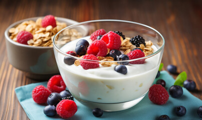 A clear bowl of yogurt with mixed berries, peach, and oats on a pale backdrop. - obrazy, fototapety, plakaty