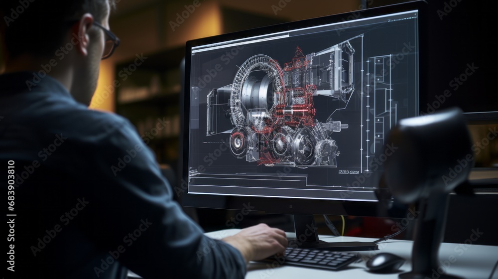 Poster specialist discussing 3d cad software on desktop computer with prototype jet engine project – close-