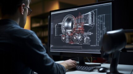 specialist discussing 3d cad software on desktop computer with prototype jet engine project – close-up view of monitor screen and engaged hands - obrazy, fototapety, plakaty