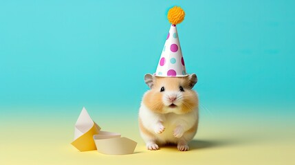 Cute hamster in a funny cone hat at a party on a pastel background, with space for text. invitation or Happy Birthday card. Creative animal concept.