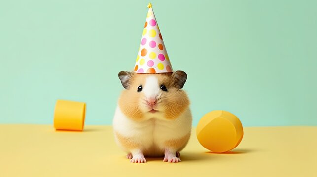 Creative animal concept. Hamster rodent in a cone hat at a party on a pastel advertising background, space for text. invitation to the Birthday. - Powered by Adobe