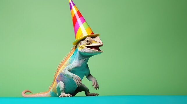 Banner with a colorful funny lizard chameleon in a party hat on a light background with space for text. Creative animal concept. Greeting card or party invitation