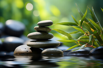 a stack or pyramid of stones, bamboo stalks near the water. a balancing pebble stone. the concept of relaxation.