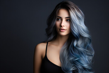 Naklejka premium Woman with lively blue hair on a gray background,ai generated