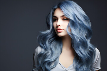 Fototapeta premium Woman with lively blue hair on a gray background,ai generated
