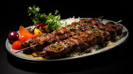 juicy traditional iranian kebab koobideh on black matte table  - obrazy, fototapety, plakaty
