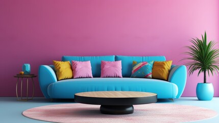 Blue sofa and round pink coffee table against multi colored wall.Generative AI.