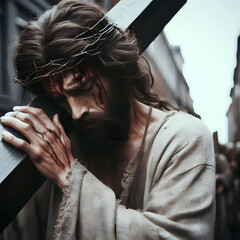 Jesus bearing cross in modern times, suffering pain and rejection - obrazy, fototapety, plakaty