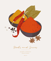Hand drawn illustrations of spices and culinary herbs. Graphic elements for cook book design, restaurant menu and recipe sheets