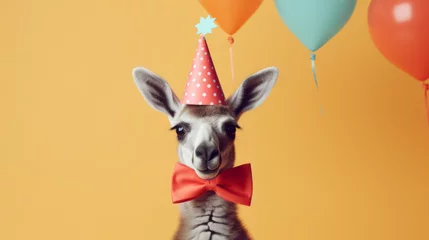 Fotobehang Cute kangaroo in a party hat and bowtie costume on yellow background © sderbane