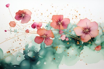 ink watercolor flowers green, pink and sparkling gold splashes, clip art, white background