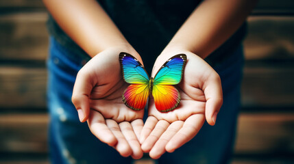 ADHD concept, rainbow butterfly in hands. ADHD is Attention deficit hyperactivity disorder - obrazy, fototapety, plakaty