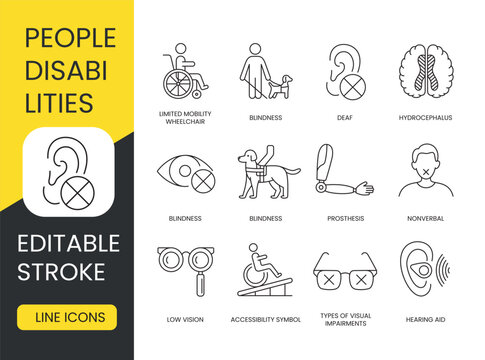 Disabled people, vector line icons set with editable stroke, wheelchair and cane, guide dog, and hearing aid, sign language and blindness, deafness and autism, intellectual disability