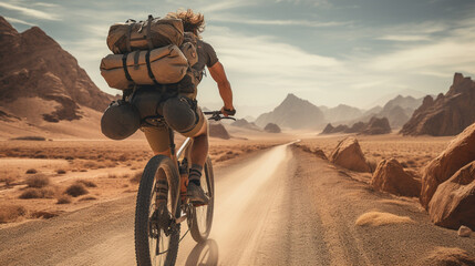 Backpackers riding a bicycle in the mountains view. Sports and cycling.Traveling on bike. - obrazy, fototapety, plakaty
