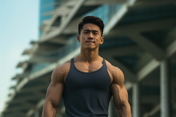 Fototapeta premium asian natural bodybuilder standing middle of city, generative ai 
