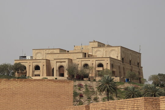 Saddam palace on hill in Babylon with blue sky