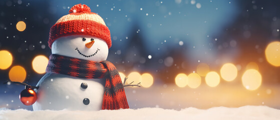 Closeup of cute funny laughing snowman with wool hat and scarf, on snowy snow snowscape with bokeh lights, generative ai 