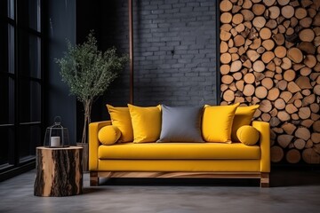 Yellow sofa and wood logs against a background, in the style of dark gray and amber.Generative AI.