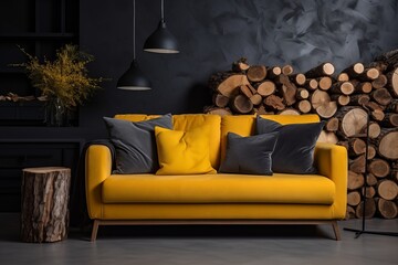 Yellow sofa and wood logs against a background, in the style of dark gray and amber.Generative AI.
