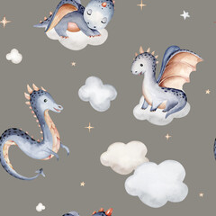 Cartoon 2024 New Year's card Dragon seamless pattern, happy new year and christmas childish background