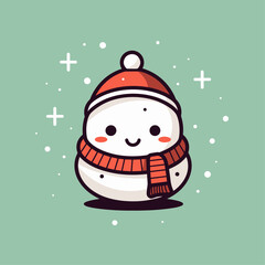 Vector illustration of Cute snowman in red hat and scarf on dust green background, suitable for kids sticker, greeting card, christmas design, tattoo and other print on demand