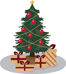 Christmas tree with gifts. Festive mood. Vector.
