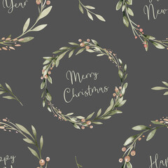 Watercolor floral new year seamless pattern in cute childish style, colored christmas background, hand painting print with abstract flowers, leaves and plants, design texture