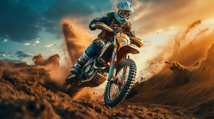 A motocross rider kicks up a flurry of dirt and dust as they navigate a thrilling course with skill and agility. - obrazy, fototapety, plakaty