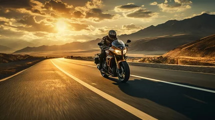 Foto op Plexiglas Motorbike on the road riding. A motorcycle tour journey. Copy space © Mangsaab