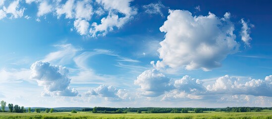 On a beautiful summer day, the blue sky was filled with fluffy white clouds, creating a picturesque landscape accentuated by the natural light and colors of the surrounding nature and its vibrant