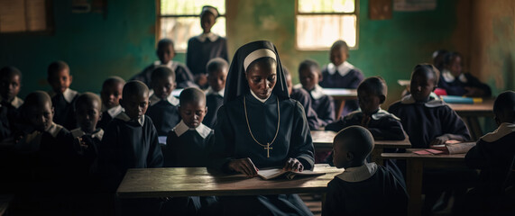Black African missionary nun, teaching children in poor third world country. Generative AI - obrazy, fototapety, plakaty