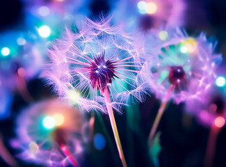 Dandelion seeds in the sunlight blowing away across a fresh green morning background