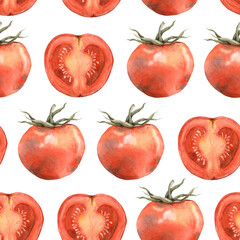 Seamless watercolor surface pattern from fresh ripe tomatoes. Hand drawn botanical illustrations on isolated background. It can be used in print design, for cards, wallpaper, fabrics.