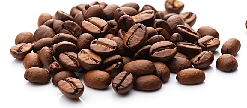 On a white background, a visually captivating image features a cup of black coffee, showcasing its rich texture, roasted aroma, and energizing qualities. This Arabic beverage exudes a deep color